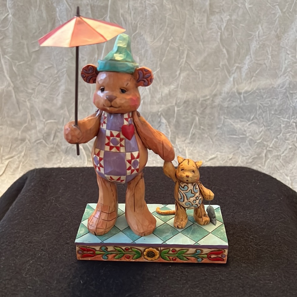 Jim Shore Heartwood Creek “Hand in Hand” Patchwork Bear and Cat Figurine 400815